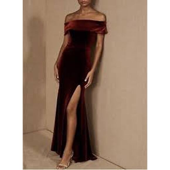 BHLDN Dress Womens 12 Burgundy Fawn Velvet Off Shoulder Maxi High Slit Evening